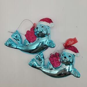 2 Blue Seals Ocean Life Shatterproof Christmas Ornaments
